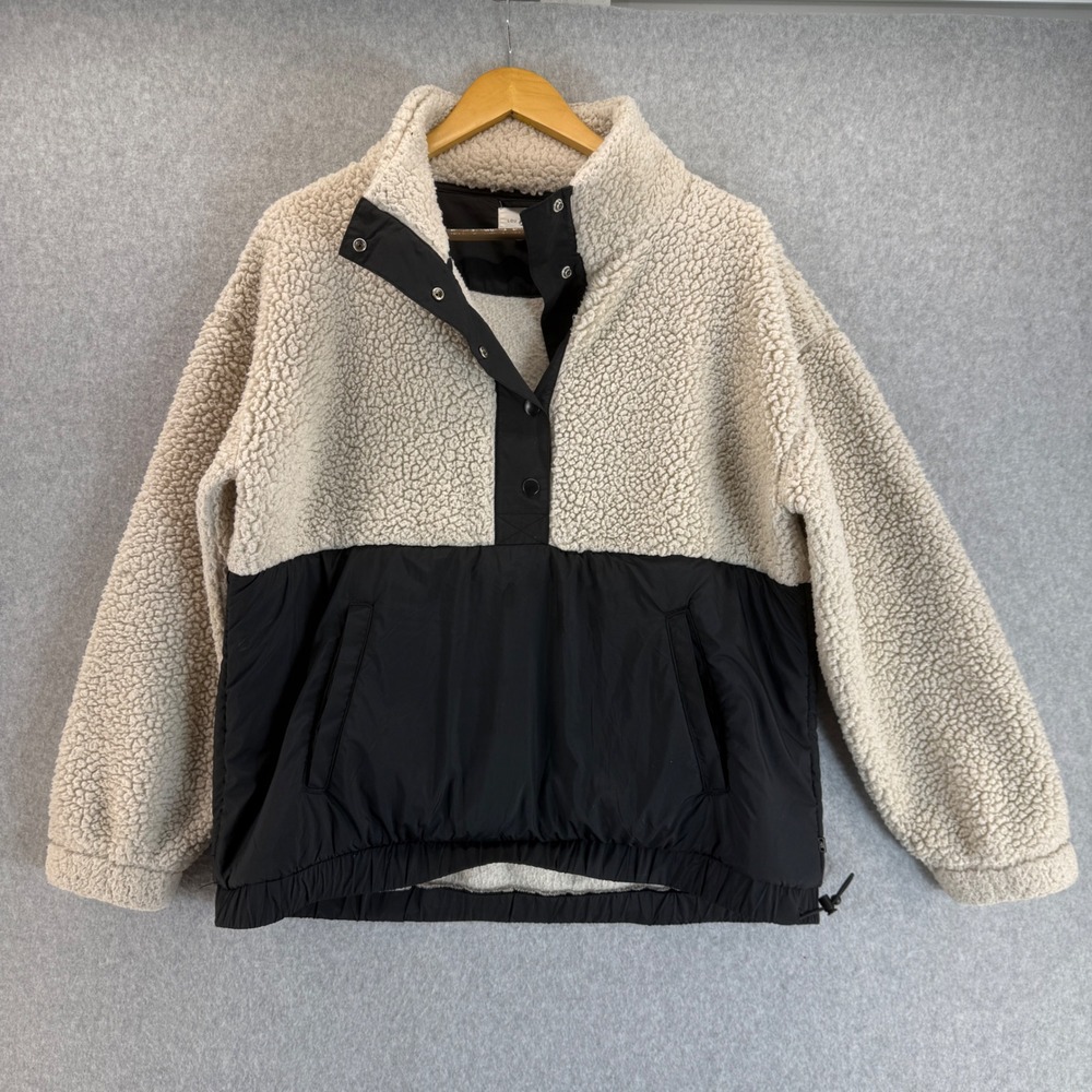 Lou & Grey‎ Sherpa Pullover Button Fleece Jacket Colorblock Black Beige Medium